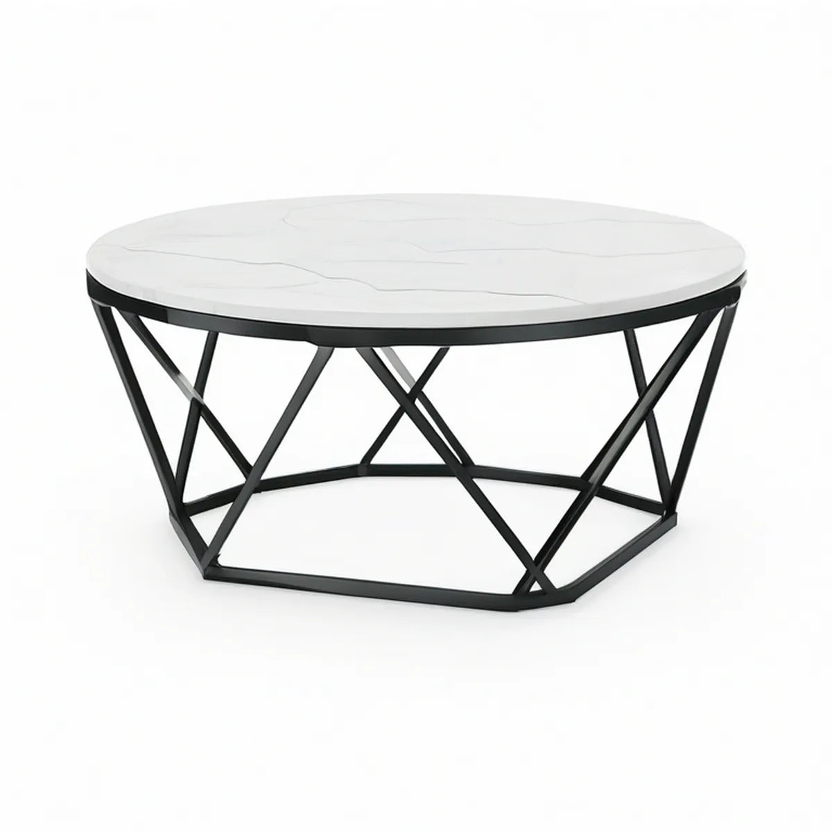 Runder Couchtisch Ø 80 × 45 cm aus Sinterstein in Marmoroptik mit Stahlgestell Weiss/Grau/Schwarz