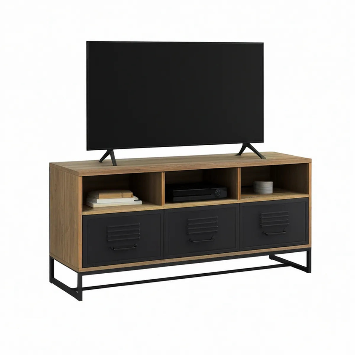 TV-Lowboard 120 x 40 x 60 cm aus melaminbeschichteter Spanplatte und Stahl in Eichenbraun/Schwarz