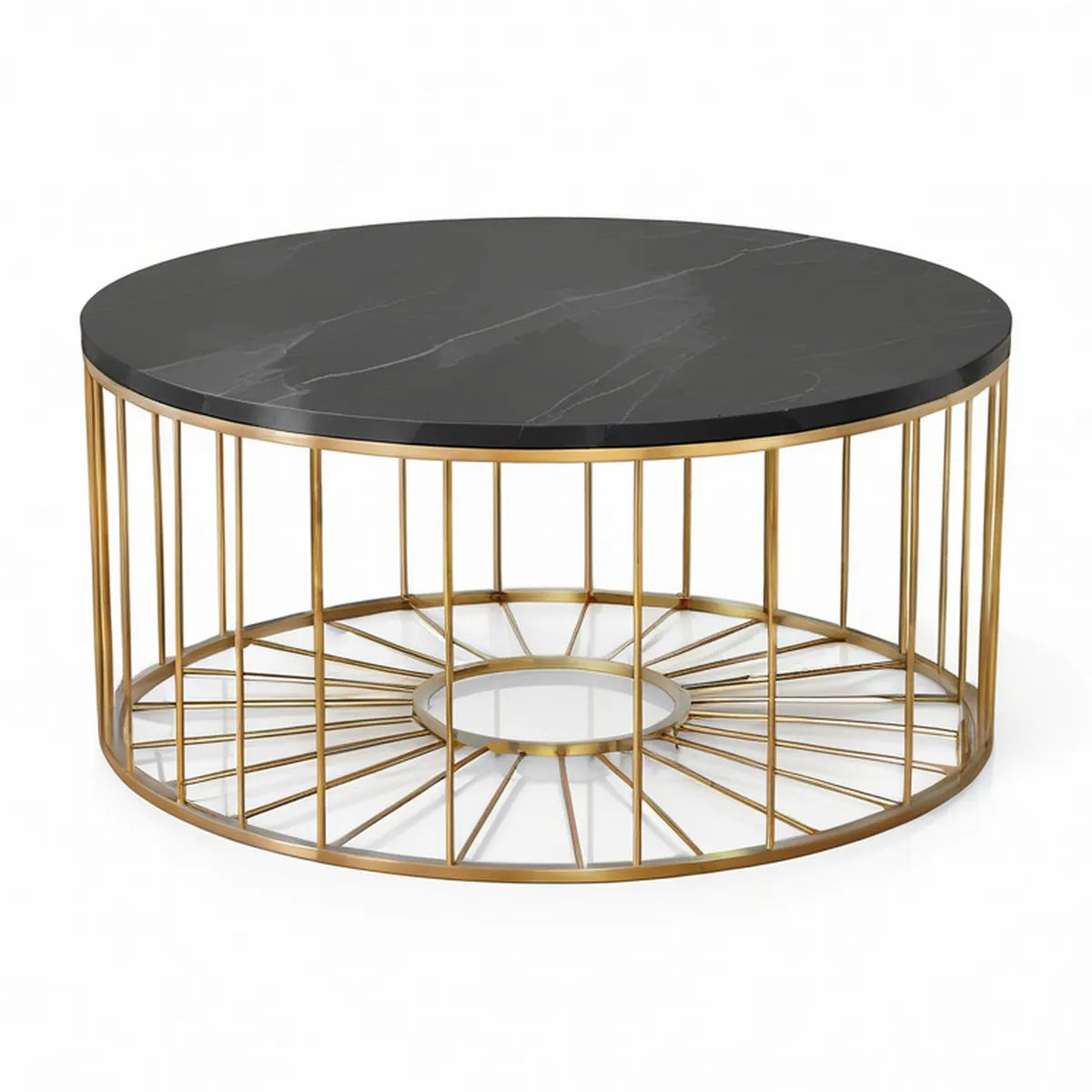 Runder Couchtisch Ø 80 cm, schwarz mit goldfarbenem Stahlgestell, Höhe 45 cm