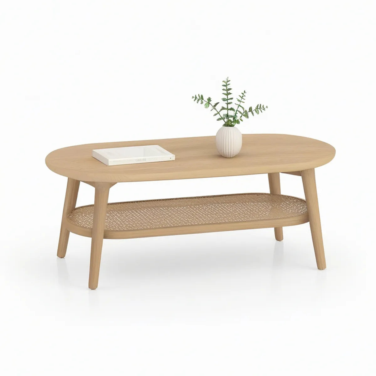 Ovaler Couchtisch aus Gummibaum-Massivholz und Rattan, Naturholz/Beige, 100 x 50 x 45 cm