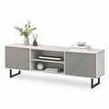 TV-Lowboard Weiss/Grau in Marmoroptik mit schwarzen Stahlfüssen, 160 x 40 x 50 cm, 2 Türen und 2 offene Fächer