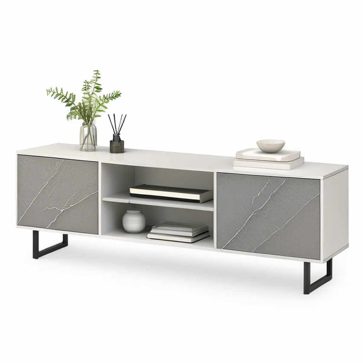 TV-Lowboard Weiss/Grau in Marmoroptik mit schwarzen Stahlfüssen, 160 x 40 x 50 cm, 2 Türen und 2 offene Fächer