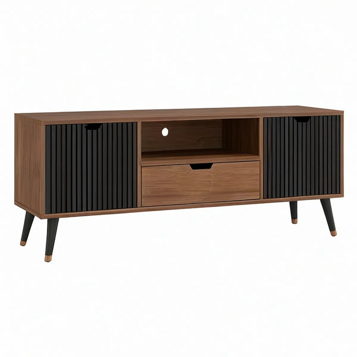 TV-Lowboard 160 x 40 x 60 cm aus MDF in Walnussbraun und Schwarz mit Lamellentüren